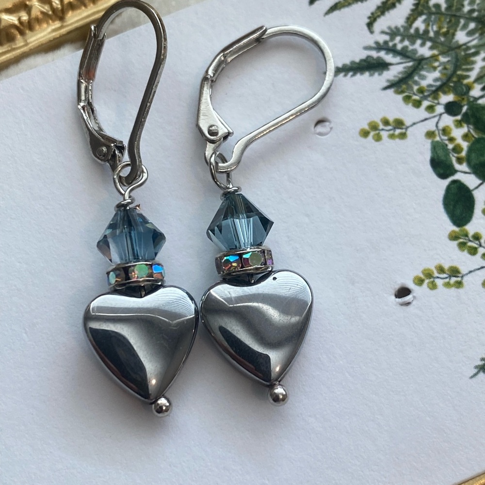 Blue Heart Drop Earrings - Silver Tone